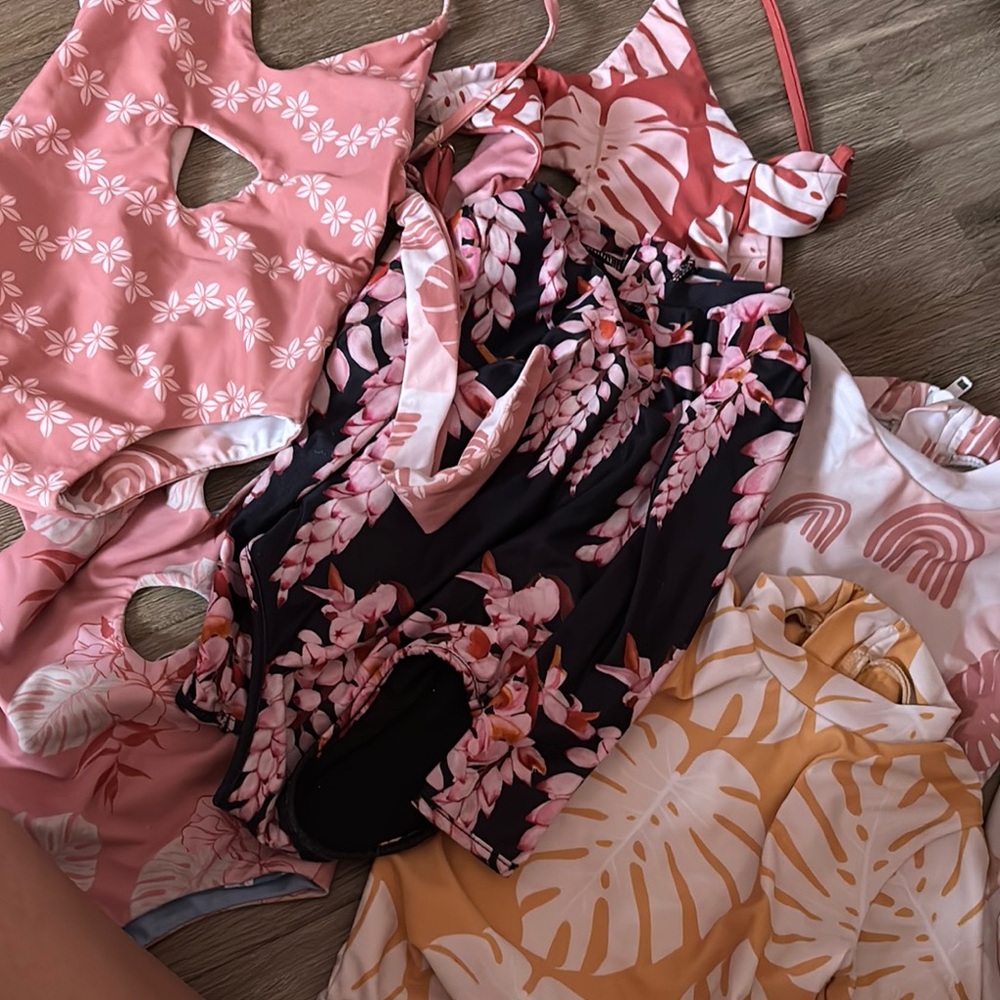 Pink and Black Floral Tropical One Piece Swimsuit